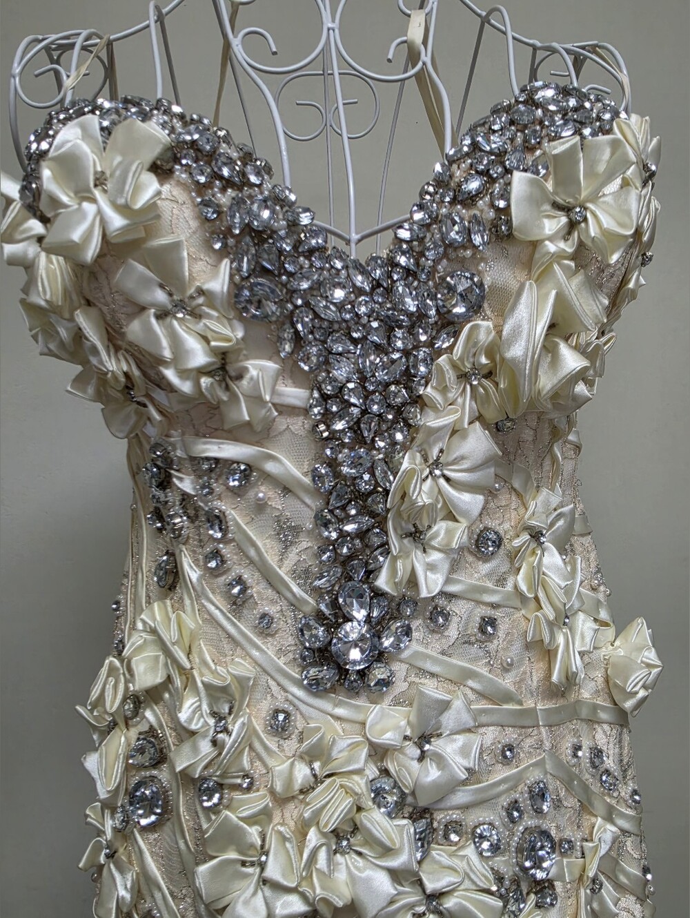 Elegant OOAK Couture Ivory Floral Appliqué Gown with Crystal Accents - Picture 5 of 12
